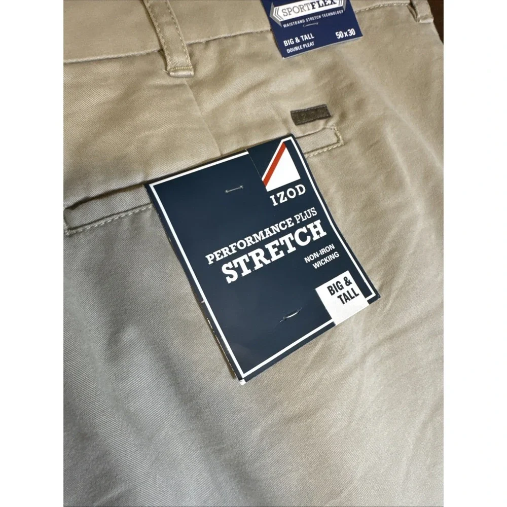IZOD‎ Big & Tall 50x30 Dress Pants Double Pleat Stretch Khaki NWT SportFlex